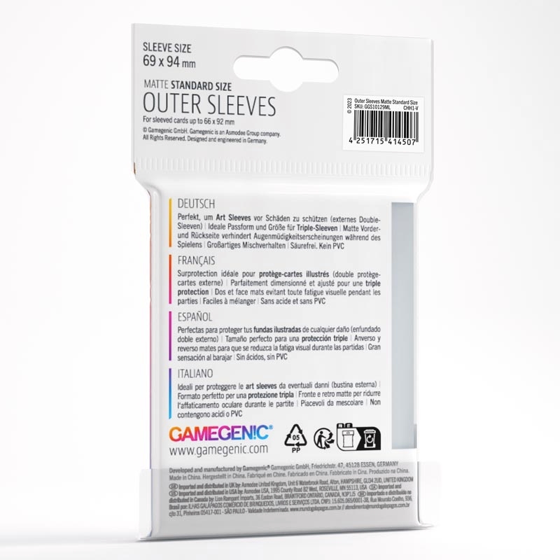 Gamegenic : Matte Board Game Sleeves - Outer Sleeves Standard Size (66mm x 92mm) (50 Sleeves Per Pack)